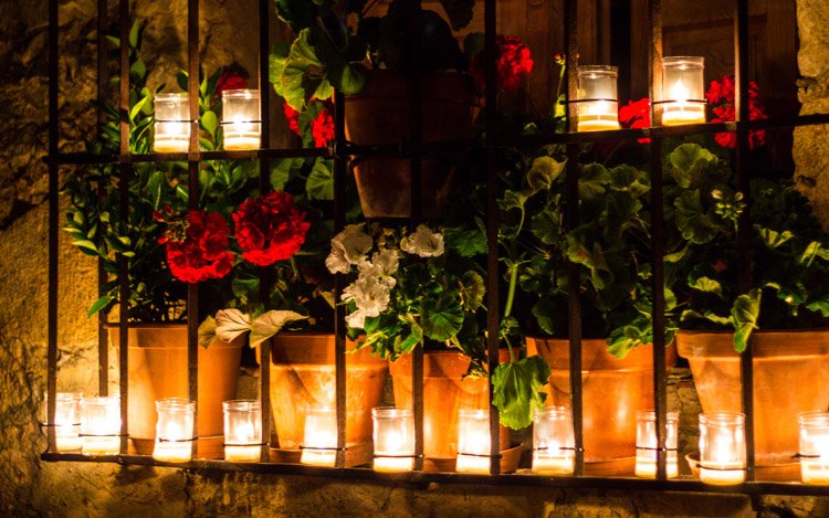 Una ventana decorada con macetas de flores y velas