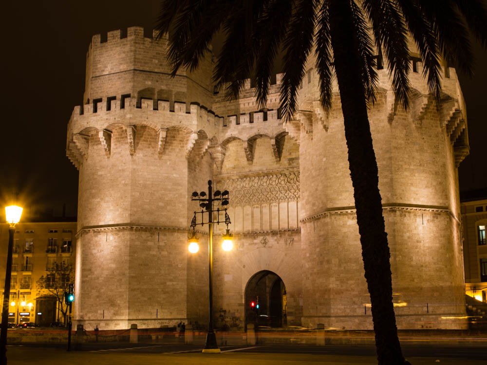 Serranos Gates in Valencia by night