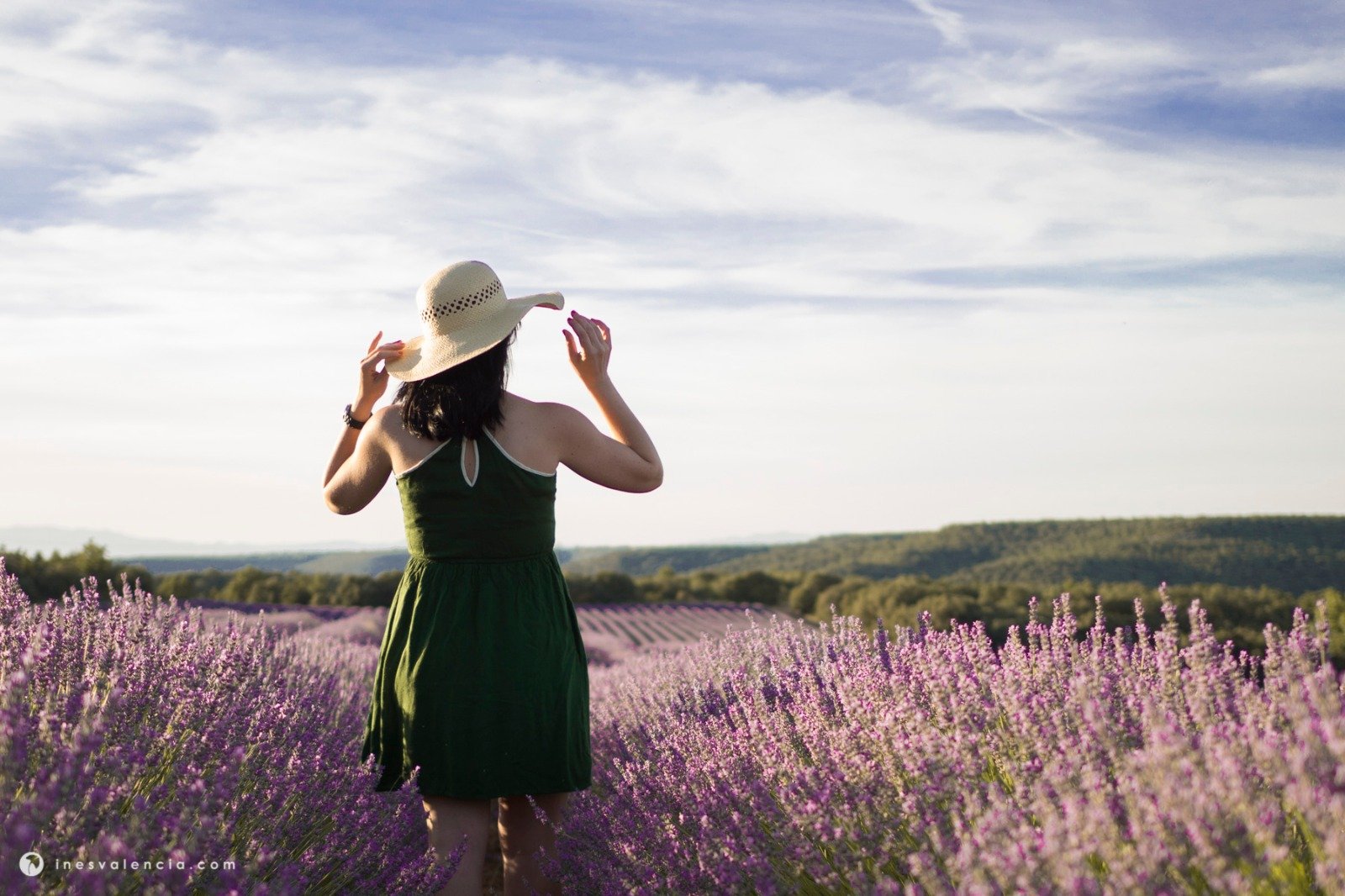 Posando al atardecer en los campos de lavanda